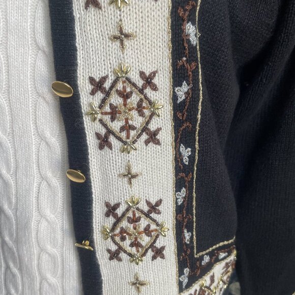Vintage Grandma Chic Cardigan Black & White Beaded Cotton Ramie Button Up - Picture 4 of 9